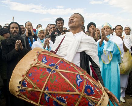 QASER EL YAHUD , ISRAEL - JAN 19 : Unidentified Ethiopian orthodox Christians  participates in the baptising ritual during the epiphany at Qaser el yahud , Israel in January 19 2012