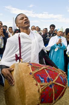 QASER EL YAHUD , ISRAEL - JAN 19 : Unidentified Ethiopian orthodox Christians  participates in the baptising ritual during the epiphany at Qaser el yahud , Israel in January 19 2012