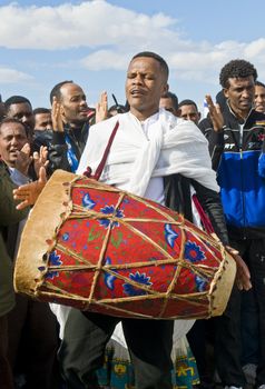 QASER EL YAHUD , ISRAEL - JAN 19 : Unidentified Ethiopian orthodox Christians  participates in the baptising ritual during the epiphany at Qaser el yahud , Israel in January 19 2012