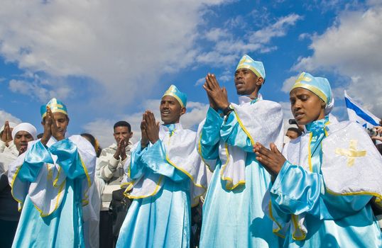 QASER EL YAHUD , ISRAEL - JAN 19 : Unidentified Ethiopian orthodox Christians  participates in the baptising ritual during the epiphany at Qaser el yahud , Israel in January 19 2012