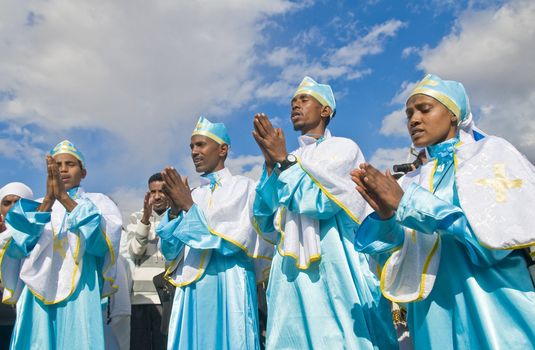 QASER EL YAHUD , ISRAEL - JAN 19 : Unidentified Ethiopian orthodox Christians  participates in the baptising ritual during the epiphany at Qaser el yahud , Israel in January 19 2012