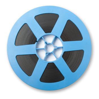 A reel of motion picture film on  white background 