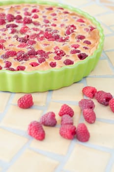 Shot of raspberry pie on the table