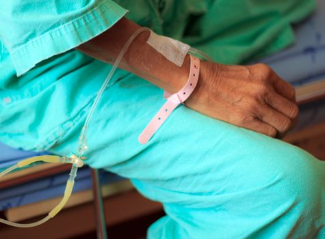 Close up of a woman patient in hospital with saline intravenous (iv)