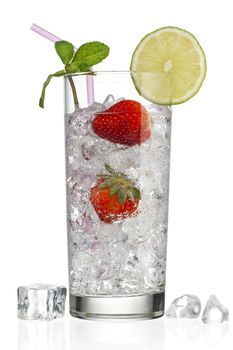 glass of ice cubes and strawberries with decoration on top on a white background
