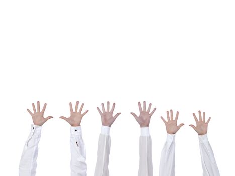 hands raised isolated on white background