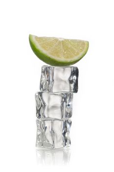 ice cubes with lemon on top on a white background