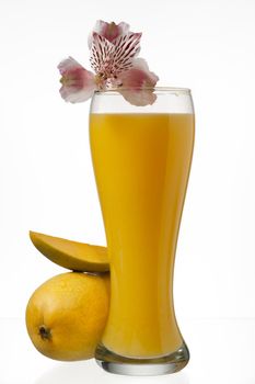 image of mangoes and juice glass on a white background