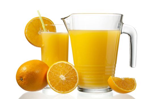 orange fruit and juice on white background