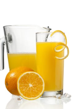 orange juice in glass and a jar isolated on white background