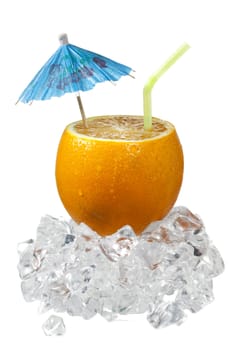 sliced orange with drinking straw and umbrella on a white background