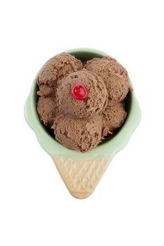 top view chocolate ice cream with cherry on a white white background