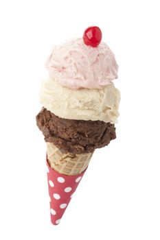 triple flavor of ice cream on the cone isolated on a white background
