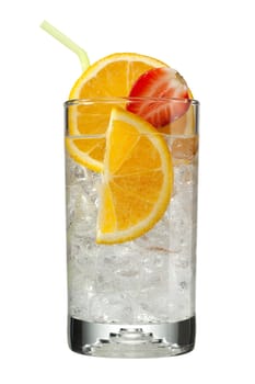 view of slices of orange and strawberry in glass full of ice cub isolated on a white background
