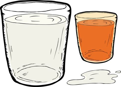 Isolated beverage glasses of milk and carrot juice with spill