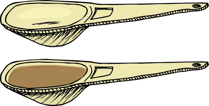 Cartoon of empty and full measuring spoon over white