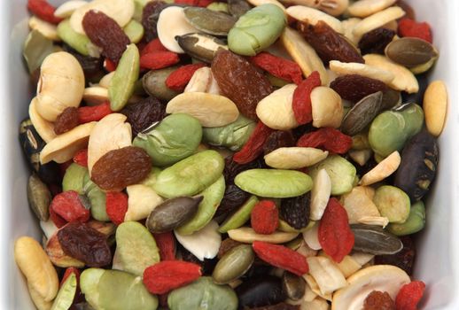 closeup organic mixed nuts and dry fruits 