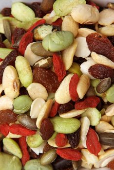 closeup organic mixed nuts and dry fruits 