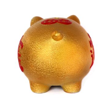 The Golden Pig piggy bank on white background.