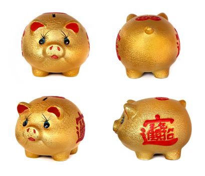 The Golden Pig piggy bank on white background.