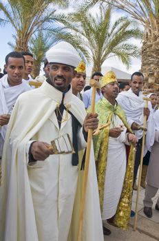QASER EL YAHUD , ISRAEL - JAN 19 : Unidentified Ethiopian orthodox Christians  participates in the baptising ritual during the epiphany at Qaser el yahud , Israel in January 19 2012