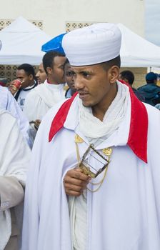 QASER EL YAHUD , ISRAEL - JAN 19 : Unidentified Ethiopian orthodox Christians  participates in the baptising ritual during the epiphany at Qaser el yahud , Israel in January 19 2012