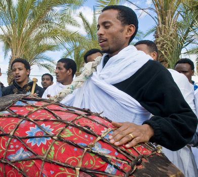 QASER EL YAHUD , ISRAEL - JAN 19 : Unidentified Ethiopian orthodox Christians  participates in the baptising ritual during the epiphany at Qaser el yahud , Israel in January 19 2012