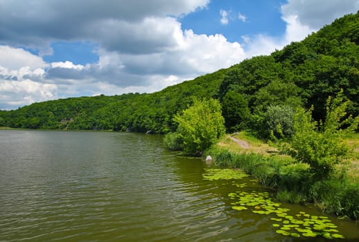 Blue sky with clouds over river landscape