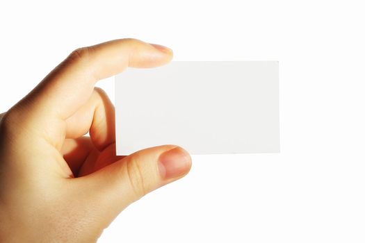Paper card in hand, isolated on white background