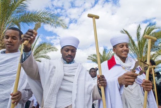 QASER EL YAHUD , ISRAEL - JAN 19 : Unidentified Ethiopian orthodox Christians  participates in the baptising ritual during the epiphany at Qaser el yahud , Israel in January 19 2012