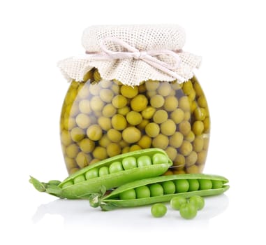 Jar of green pea with fresh pods isolated on white background