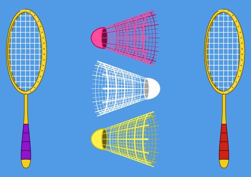 Set objects of sporting equipment for badminton game: two rackets and three shuttlecocks on blue background