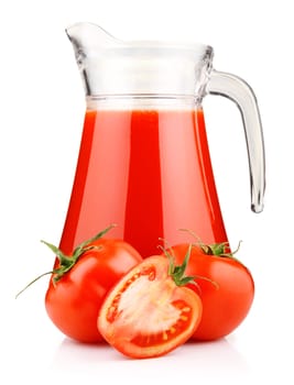 Jug of tomato juice and fruits with green leaves isolated on white 
