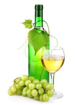 Bottle of wine with glass and grape branch isolated on white background