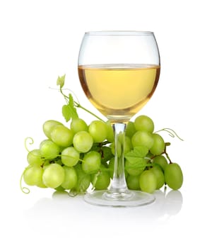 glass of wine and grape branch isolated on white background