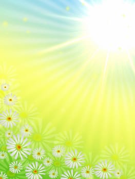spring flowers and sun rays in blue, yellow and green