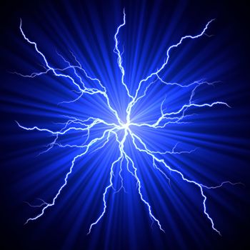 electrical white blue lightnings fireball over dark background