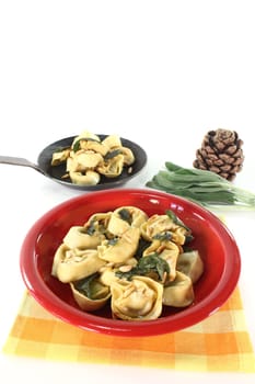 Arugula and ricotta tortellini with sage butter and pine nuts on a light background