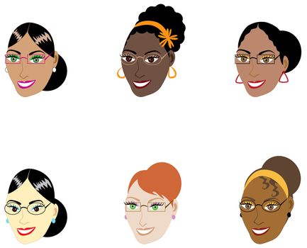 Vector Illustration of six different smart women with glasses and hair up in a bun.