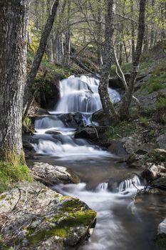 Cascades on a mountain river with a silky effect on the water that conveys a sense of relaxation.