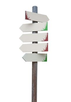 Arrow signs on wooden pole isolated on a white background.