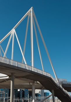 Footbridge under construction. In the background modern buildings, Oslo, Norway.