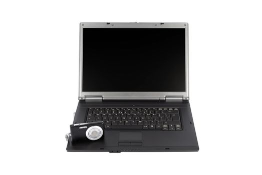 Laptop with photo camera isolated on white