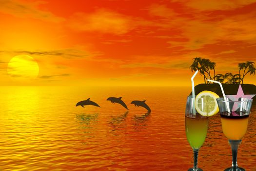 Cocktail with tropic scene behind