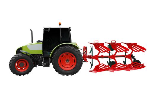 Tractor with plow isolated on white