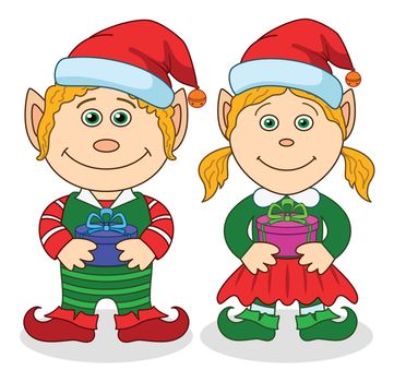 Cartoon Christmas elves, boy and girl with holiday gift boxes