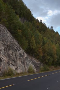 Part of the mountain road with rocks and woods.