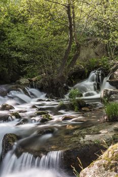 Cascades on a mountain river with a silky effect on the water that conveys a sense of relaxation.