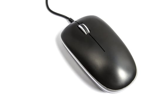 Black computer mouse closeup on white background