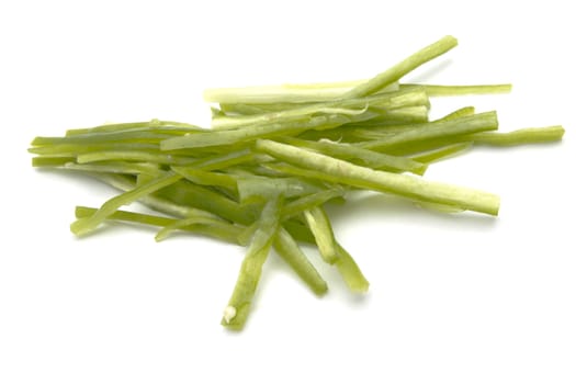 Sliced green chili pepper closeup on white background